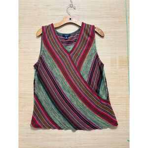 Chaps Womens XL Green Striped Linen Blend Faux Wrap Knit Vest Sleeveless Top